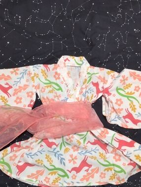 Girls' Floral & Fox Print Pink And White Kimono Dress